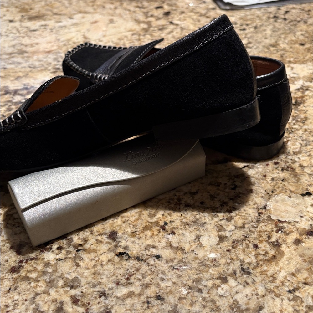 Donald J. Pliner Black Suede Penny Loafers with Metallic Accent - Picture 5 of 5